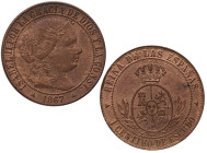 1867. Isabel II (1833-1868). Segovia. 1 Céntimo de Escudo. OM. A&C 210. Ae. 2,51 g. Muy bella. Brillo original. EBC+. Est.100.