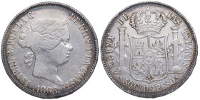 1868. Isabel II (1833-1868). Manila. 50 Centavos de Peso. A&C 667. Ag. 12,81 g. MBC. Est.50.