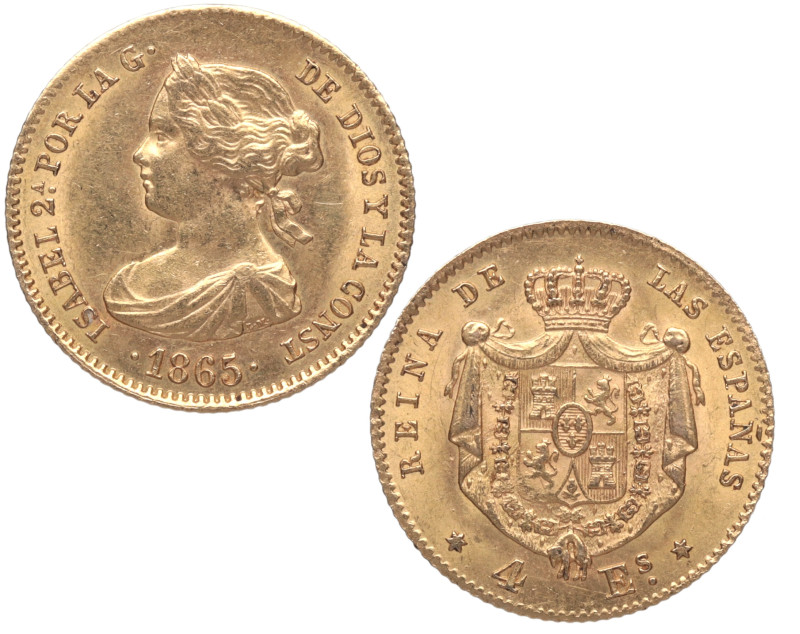 1865. Isabel II (1833-1868). Madrid. 4 escudos. A&C 688. Au. 3,33 g. MBC+. Est.2...