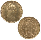 1835. Isabel II (1833-1868). Madrid. 80 reales. CR. A&C 720. Au. 6,78 g. Muy bella. Brillo original. SC-. Est.550.