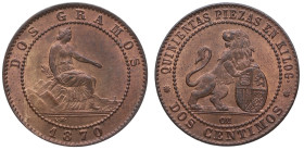 1870. I República (1868-1871, 1873-1874). Barcelona. 2 céntimos. OM. A&C 3. Cu. 2,02 g. Bella. Brillo original. SC-. Est.55.