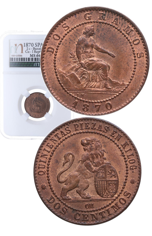 1870. I República (1868-1871, 1873-1874). Barcelona. 2 Céntimos. OM. A&C 4. Cu. ...