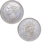 1877*77. Alfonso XII (1874-1885). Madrid. 5 pesetas. DEM. A&C 38. Ag. 25,24 g. Muy bella. Brillo original. Rara así. SC-. Est.350.