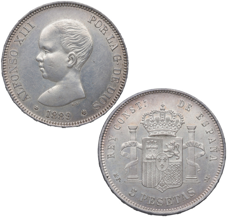 1889*89. Alfonso XIII (1886-1931). Madrid. 5 pesetas. MPM. A&C 93. Ag. 25,17 g. ...