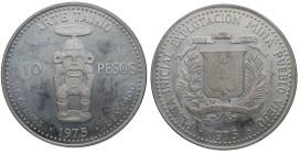 1975. Rep. Dominicana. Suiza. 10 pesos.Primera extracción de plata de la mina del Pueblo Viejo. KM# 38. Ag. 1975 / DIOS PATRIA LIBERTAD / PLATA INICIA...