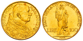 Vatican. Pius XI. 100 lire. 1934 (Anno XIII). Rome. (Km-9). (Fried-283). (Pagani-617). Au. 8,79 g. Mintage 2.533. Original luster. Scarce. Almost MS. ...