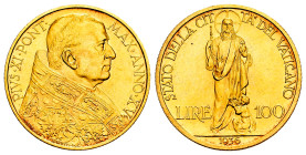 Vatican. Pius XI. 100 lire. 1936 (Anno XV). Rome. (Km-10). (Fried-285). (Pagani-619). Au. 5,20 g. Original luster. Almost MS. Est...300,00. 

Spanis...