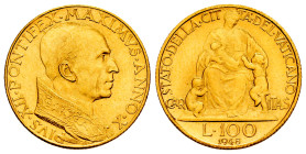 Vatican. Pius XII. 100 lire. 1948 (Anno X). Rome. (Km-39). (Fried-288). (Pagani-714). Au. 5,19 g. Original luster. Almost MS. Est...400,00. 

Spanis...