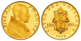 Vatican. Pius XII. 100 lire. 1958 (Anno XX). Rome. (Km-A53). (Fried-724). (Pagani-290). Au. 5,20 g. Mintage 3.000. Original luster. FDC. Est...450,00....