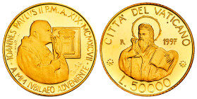 Vatican. Joannes Paulus II. 50.000 lire. 1997. R. (Km-288). Au. 7,50 g. In a box and with offical certificate. Mintage: 6.000. PROOF. Est...400,00. 
...