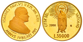 Vatican. Joannes Paulus II. 50.000 lire. 2000 (Anno XXII). Rome. R. (Km-316). (Mont-36). Au. 7,50 g. PROOF. Est...400,00. 

Spanish Description: Vat...