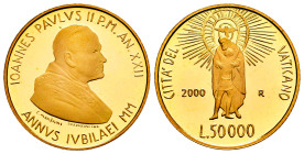 Vatican. Joannes Paulus II. 50.000 lire. 2000. R. (Km-320). (Fried-434). Au. 7,50 g. In a box and with offical certificate. Mintage: 6.000. PROOF. Est...