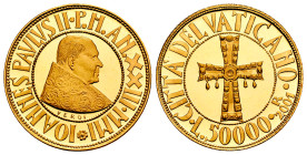 Vatican. Joannes Paulus II. 50.000 lire. 2001. R. (Km-390). (Fried-437). Au. 7,50 g. In a box and with offical certificate. Mintage: 6.000. PROOF. Est...