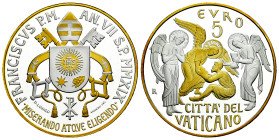 Vatican. Franciscus. 5 euros. 2019. R. Ag. 18,00 g. 150th Anniversary of the Circle of Saint Peter. 24 kt gold plated. Mintage: 1.500. In case with ce...