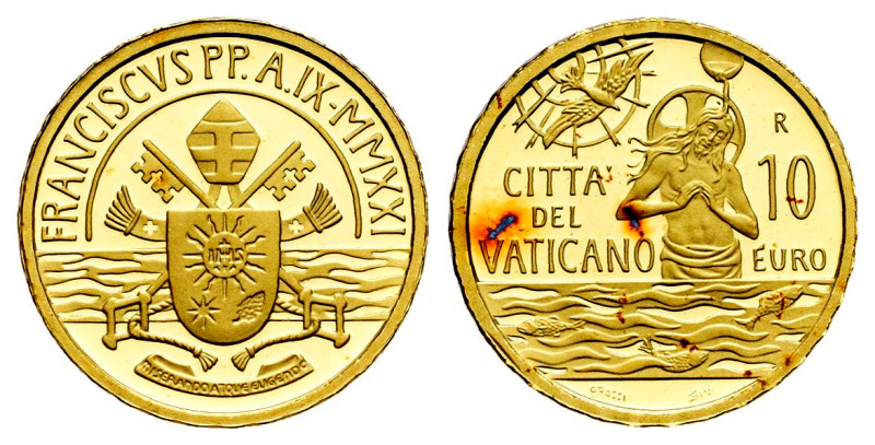 Vatican. Franciscus. 10 euros. 2021. R. Au. 3,00 g. In a box and with offical ce...