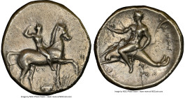 CALABRIA. Tarentum. Ca. 332-302 BC. AR stater or didrachm (23mm, 7.61 gm, 10h). NGC XF 4/5 - 3/5. Sa- and Con-, magistrates. Nude horseman crowning hi...