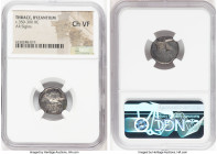 THRACE. Byzantium. Ca. 350-300 BC. AR siglos (16mm). NGC Choice VF. Bull standing left on dolphin left; ΠY above / Quadripartite incuse square of mill...