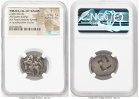 THRACIAN ISLANDS. Thasos. Ca. 500-450 BC. AR stater (23mm, 8.69 gm). NGC Fine 5/5 - 4/5. Nude ithyphallic satyr running right, carrying nymph, her rig...