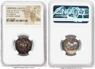 CORINTHIA. Corinth. Ca. 400-380 BC. AR stater (22mm, 8.47 gm, 4h). NGC XF 4/5 - 3/5. Ca. 405-345 BC. Pegasus with pointed wing flying right; Ϙ below /...