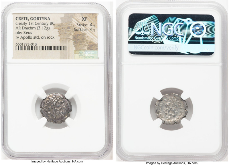 CRETE. Gortyna. Ca. early-1st century BC. AR drachm (16mm, 3.12 gm, 11h). NGC XF...