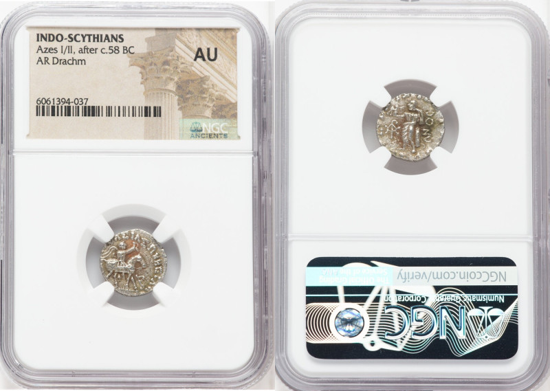 INDO-SCYTHIAN KINGDOM. Azes I/II (after ca. 58 BC). AR drachm (15mm, 6h). NGC AU...