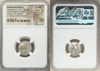 Anonymous. Ca. 211-208 BC. AR victoriatus (17mm, 3.46 gm, 11h). NGC MS 5/5 - 4/5, Fine Style. Luceria. Laureate head of Jupiter right, bead-and-reel b...