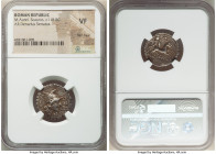 M. Aurelius Scaurus (ca. 118 BC), with L. Licinius Crassus and Cn. Domitius Ahenobarbus. AR serrate denarius (20mm, 7h). NGC VF, flan flaw. Narbo. M•A...