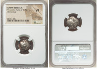 Mn. Cordius Rufus (ca. 46 BC). AR denarius (17mm, 4h). NGC VF, scratches. Rome. RVFVS•III•VIR, conjoined heads of the Dioscuri right, each wearing pil...