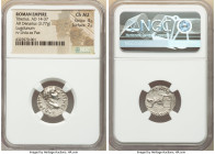 Tiberius (AD 14-37). AR denarius (18mm, 3.77 gm, 9h). NGC Choice AU 4/5 - 2/5. Lugdunum, ca. AD 15-18. TI CAESAR DIVI-AVG F AVGVSTVS, laureate head of...