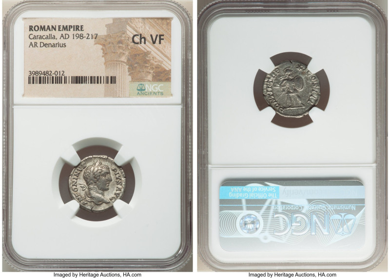 Caracalla, as Augustus (AD 198-217). AR denarius (18mm, 6h). NGC Choice VF. Rome...