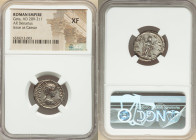 Geta, as Caesar (AD 198-209). AR denarius (20mm, 7h). NGC XF. Rome, AD 200-202. P SEPT GETA-CAES PONT, bareheaded, draped bust of Geta right, seen fro...