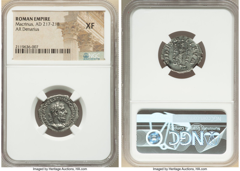 Macrinus (AD 217-218). AR denarius (21mm, 6h). NGC XF. Rome. IMP C M OPEL SEV MA...