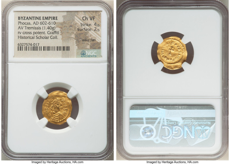 Phocas (AD 602-610). AV tremissis (17mm, 1.40 gm, 7h). NGC Choice VF 4/5 - 2/5, ...