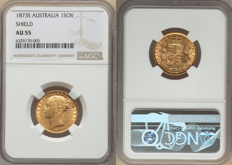 Victoria gold "Shield" Sovereign 1873-S AU55 NGC, Sydney mint, KM6, S-3858A. 

H...