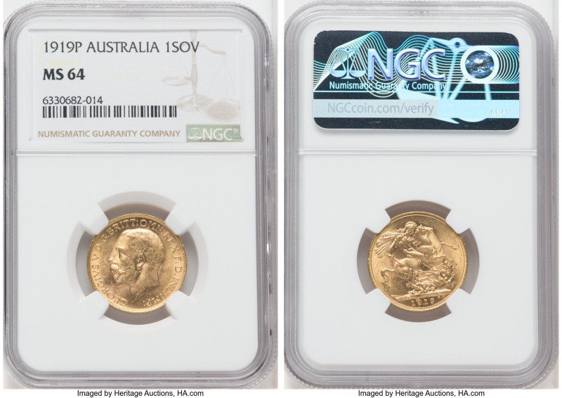 George V gold Sovereign 1919-P MS64 NGC, Perth mint, KM29, S-4001. Lustrous sati...