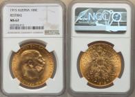Franz Joseph I gold Restrike 100 Corona 1915 MS67 NGC, Vienna mint, KM2819, Fr-507R. Nearly perfect without a single flaw to note. 

HID09801242017

©...