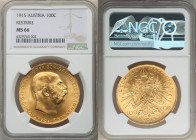 Franz Joseph I gold Restrike 100 Corona 1915 MS66 NGC, Vienna mint, KM2819, Fr-507R. Lovely golden brilliance emanating from all directions. 

HID0980...