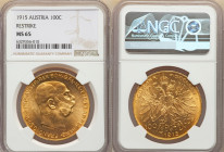 Franz Joseph I gold Restrike 100 Corona 1915 MS65 NGC, Vienna mint, KM2819, Fr-507R. Featuring an allover pervasive sunny luster. 

HID09801242017

© ...