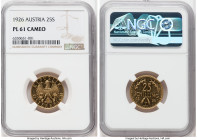 Republic gold Prooflike 25 Schilling 1926 PL61 Cameo NGC, Vienna mint, KM2841, Fr-521. Brilliant mirrored fields with frosted devices. 

HID0980124201...