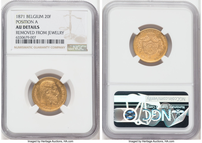 Leopold II gold 20 Francs 1871 AU Details (Removed From Jewelry) NGC, Brussels m...