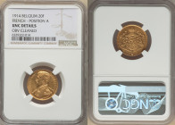 Albert I gold 20 Francs 1914 UNC Details (Obverse Cleaned) NGC, Brussels mint, KM79, Fr-421. French Legend, Position A variety. 

HID09801242017

© 20...