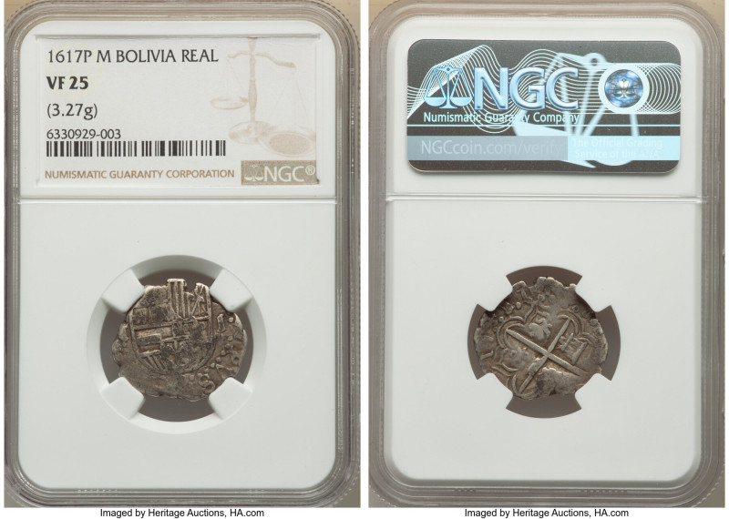 Philip III Cob Real 1617 P-M VF25 NGC, Potosi mint, KM7, Cal-507, 3.27gm. The fi...