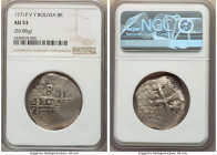 Charles III Cob 8 Reales 1771 P-V/Y AU53 NGC, Potosi mint, KM45, Cal-1154, 26.86gm. Of the very last years of Cobs, this deeply-engraved piece shows t...