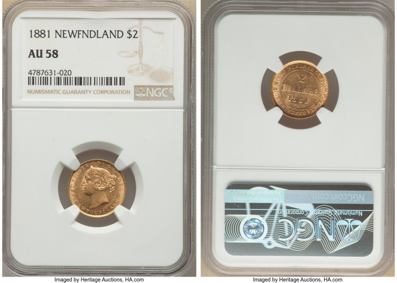 Newfoundland. Victoria gold 2 Dollars 1881 AU58 NGC, London mint, KM5, Fr-1. Min...