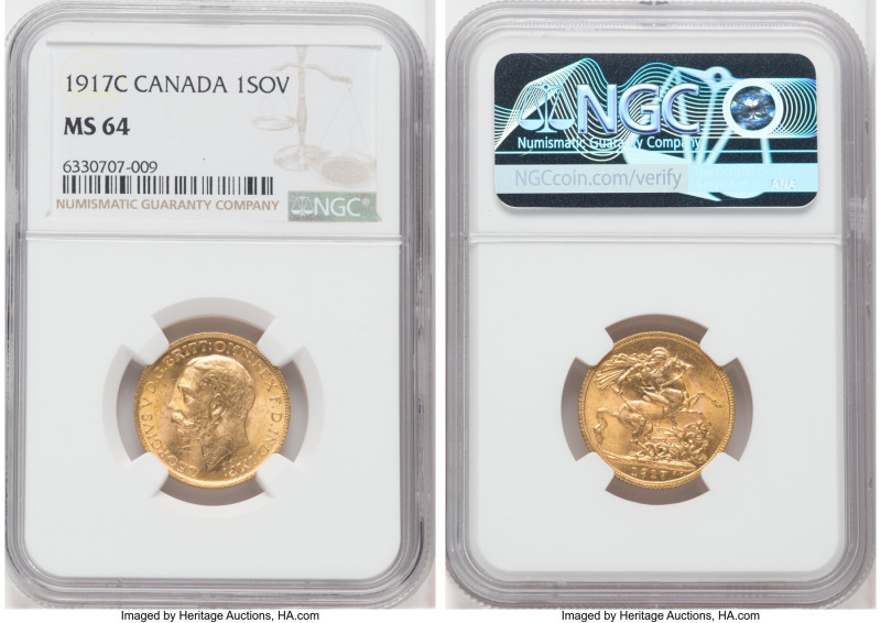 George V gold Sovereign 1917-C MS64 NGC, Ottawa mint, KM20, S-3997. 

HID0980124...