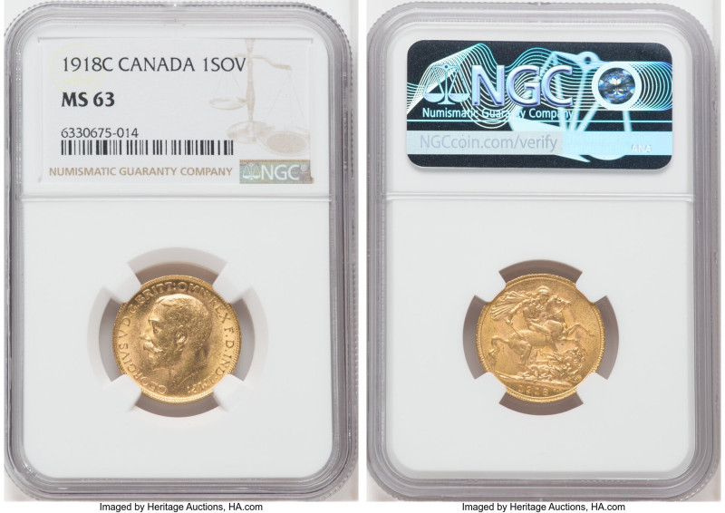 George V gold Sovereign 1918-C MS63 NGC, Ottawa mint, KM20, S-3997. 

HID0980124...