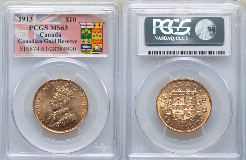 George V gold 10 Dollars 1913 MS63 PCGS, Ottawa mint, KM27, Fr-3. Three year typ...
