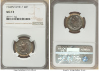 Republic Pair of Certified 20 Centavos NGC, 1) 20 Centavos 1941-So - MS63 2) 20 Centavos 1879-So - MS61. With fineness variety. Santiago mint. 

HID09...