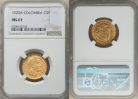Republic gold 5 Pesos 1920-A MS61 NGC, Medellin mint, KM201.1, Fr-113. 

HID09801242017

© 2022 Heritage Auctions | All Rights Reserved
