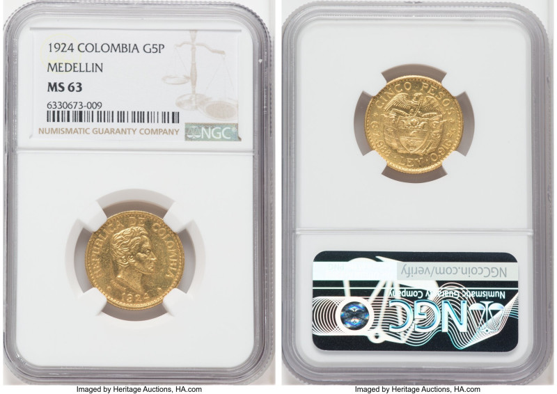Republic gold 5 Pesos 1924 MS63 NGC, Medellin mint, KM204, Fr-115. Small head va...